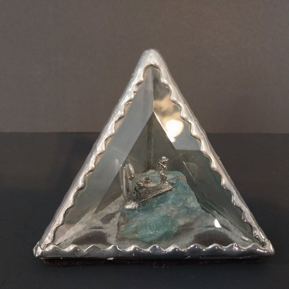 Beveled Glass And Pewter Pyramid Shaped Diorama Gold Miner Cactus Mule Burro